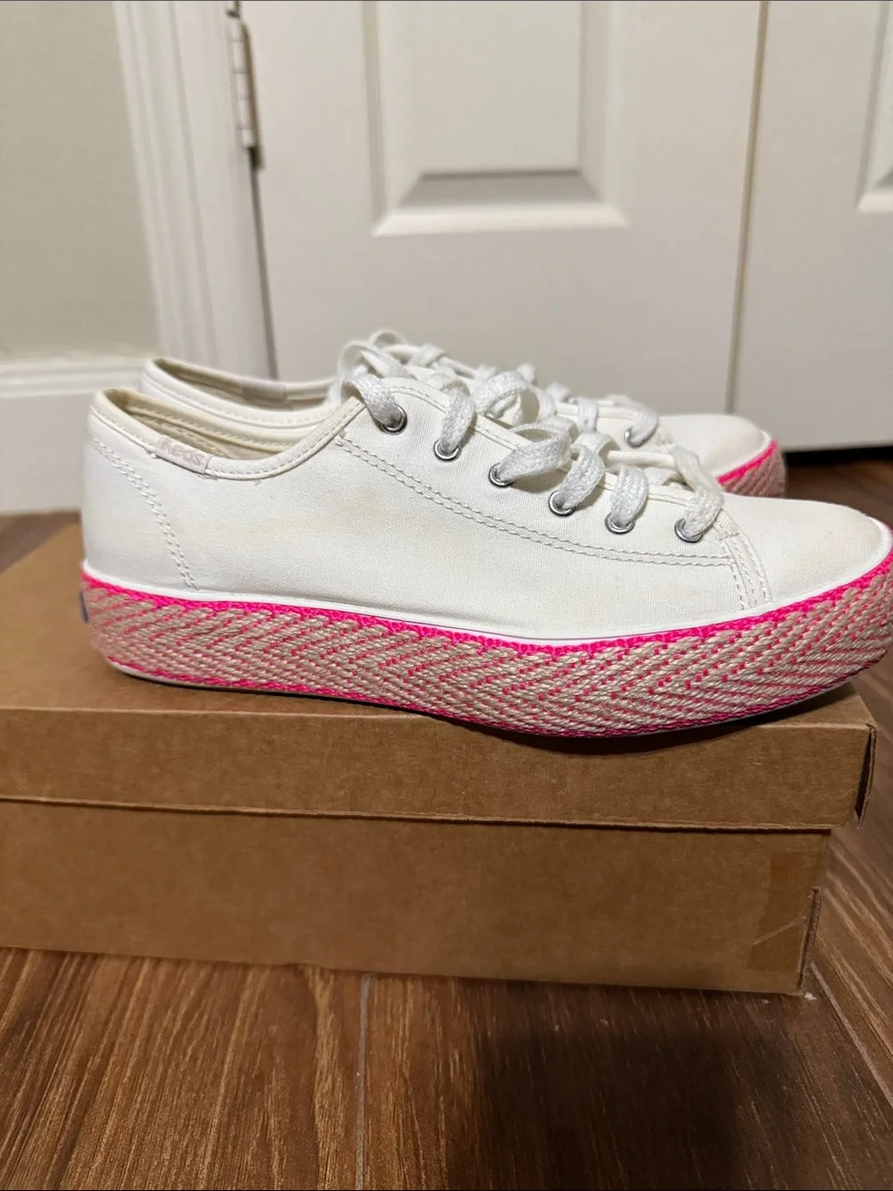 Keds White Platform Espadrilles with Bright Pink Trim